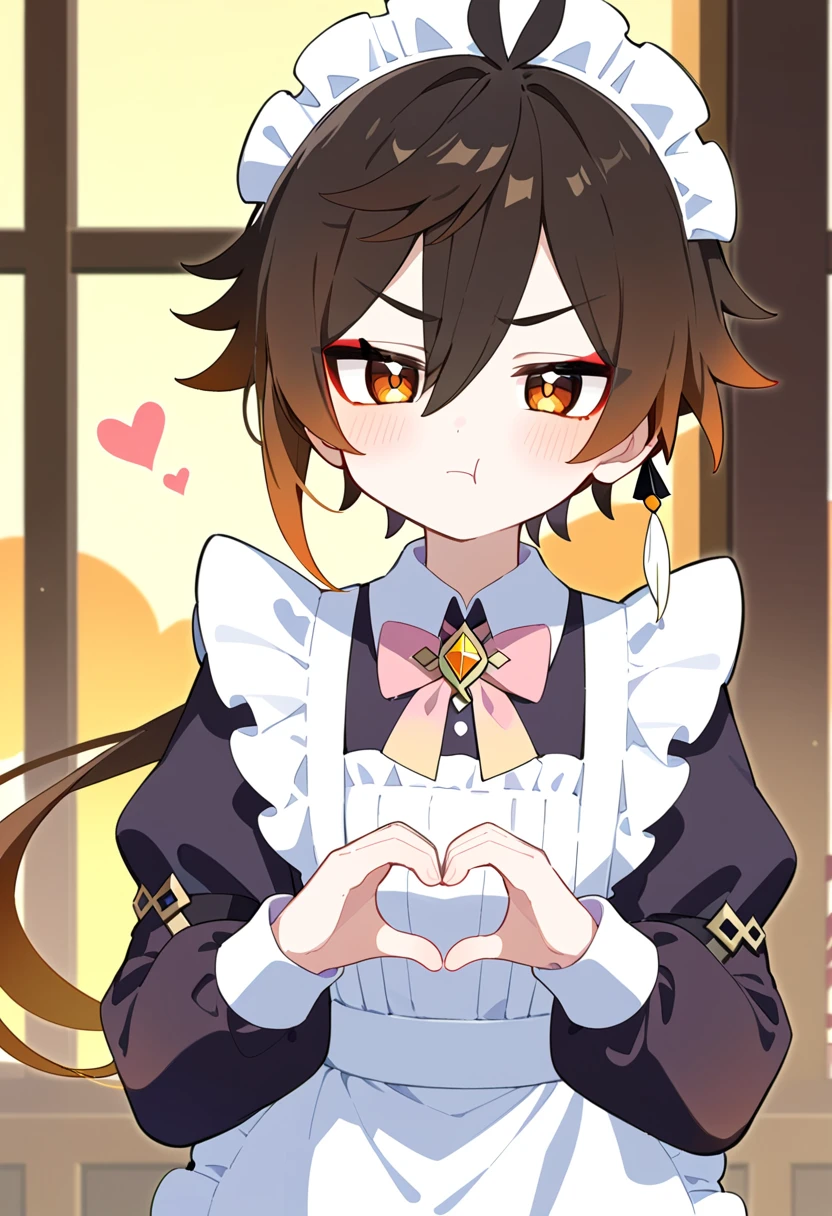 masterpiece, best quality, extremely detailed, 1boy, male focus, handsome man, solo, Zhongli(Genshin impact), gradient hair, red eyeliner, kawaii, maid outfit, long sleeves, pout face, heart hands, 