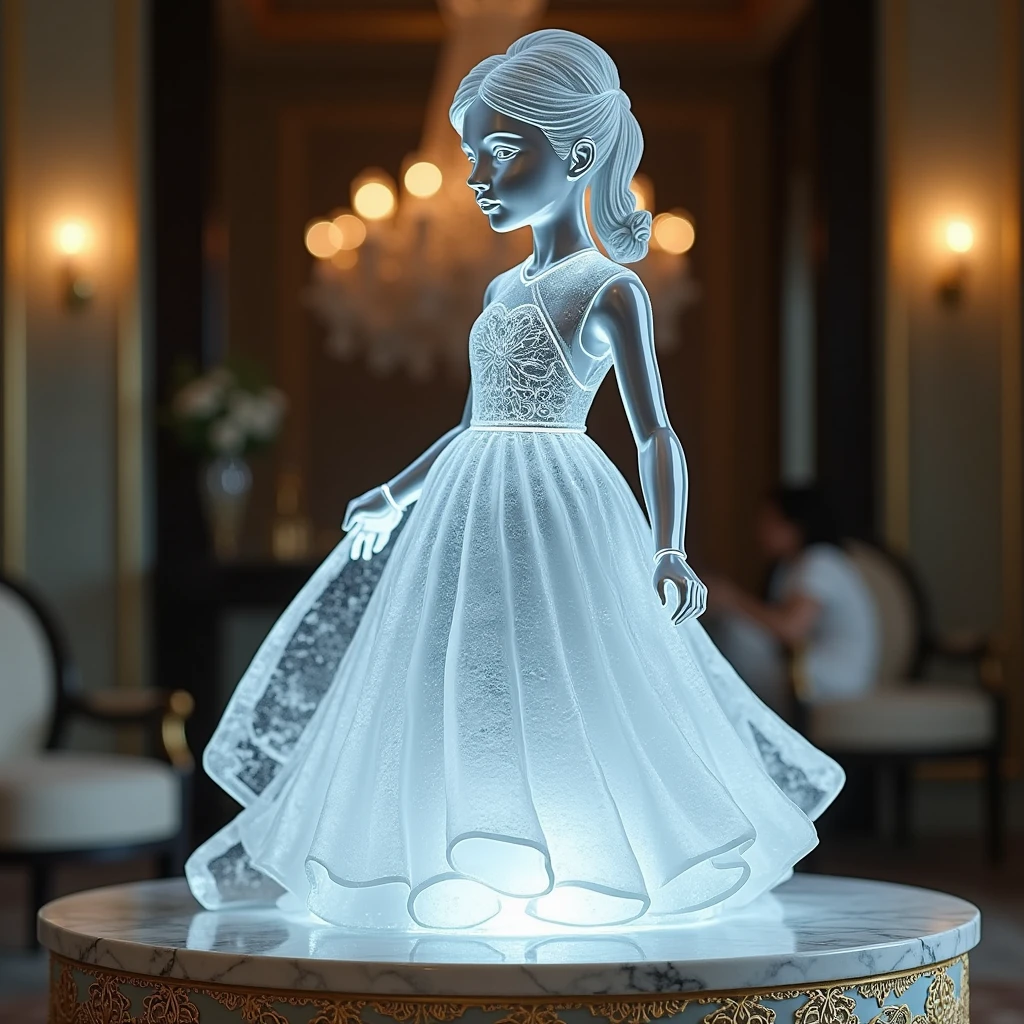  The intricate texture of the patterned dress is worn on the Girl's Ice Sculpture, Made by a Handmade ,  Standing on a marble pedestal with gold patterns , Hand Robot ,  best quality ,  masterpiece fails, 8 k,  Complex details ,  maximum Quality, 