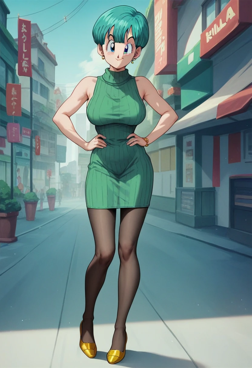 source_anime,1girl, looking at viewer, happy, full body shot, Bulma, short hair Bulma, aqua colored hair, blue eyes, big fat saggy breasts, green tight ribbed short dress, short green turtleneck sleeveless tight ribbed sweater dress, sleeveless ribbed short sweater dress, bare shoulders, black soft pantyhose, golden high heeled sandals, anime style, standing with legs together, hands resting on hips, condescending facial expression, smug facial expression, city background.