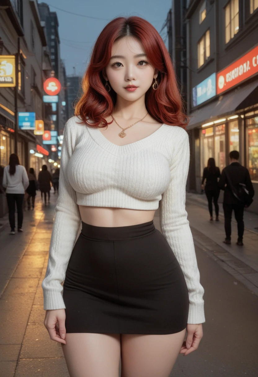 (  ultra high definition :1.3) ( big boobs :1.8),   wide pelvis,    creates a beautiful Korean woman  , ( Black Thick Winter Sweater), gold necklace, city,  pure eyes,   Korean girl with red hair, I am Tall, Tall, , good proportions , small head, thin waist,  high bridge, ( ë¶ë¥ ë°ë¥¸ ë°ë¥¸:0.3), night, 어두운 city,  black hair, Hippie Perm,  Boltuk ,   thick thighs, skirt, Wave Perm,  Bra Sweater ,  A slender face with broad shoulders 