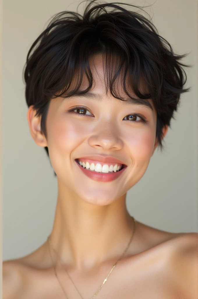 Short-haired boyish shorthair Lingerie Brown hair huge tit A big smile