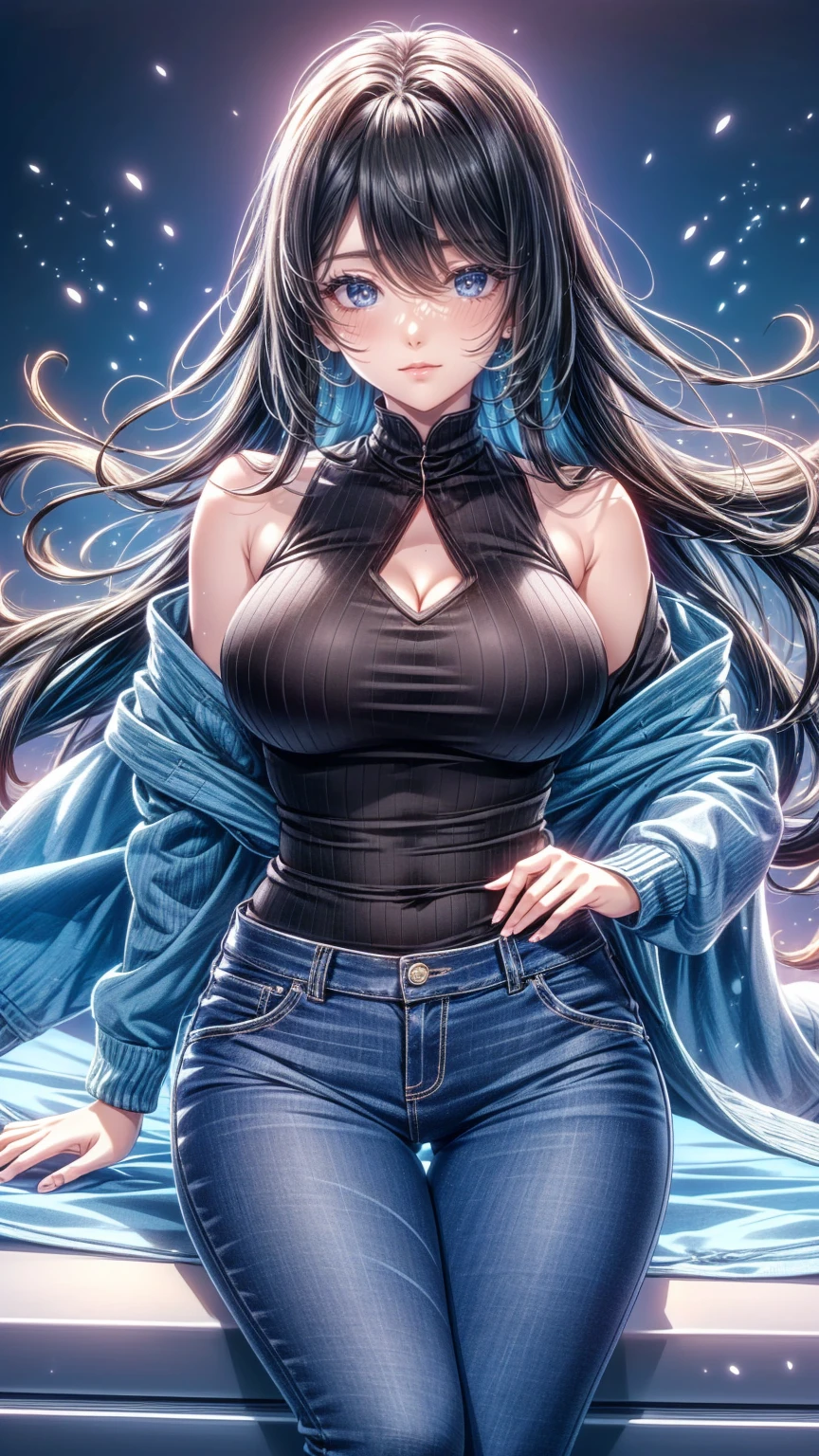 Adult female, Curvy thick body  , DD size breasts  ,   black hair,   hair that reaches the shoulders ,   black hair in a   hair that reaches the shoulders style,   Light Blue Eyes ,    Japanese giant beautiful girl   ,   I'm going to do a very beautiful  ,  Sharp Eyes ,   feminine style clothes, peplum shirt  , jeans,   cardigan ,   feminine,   pose, Machimachi  .