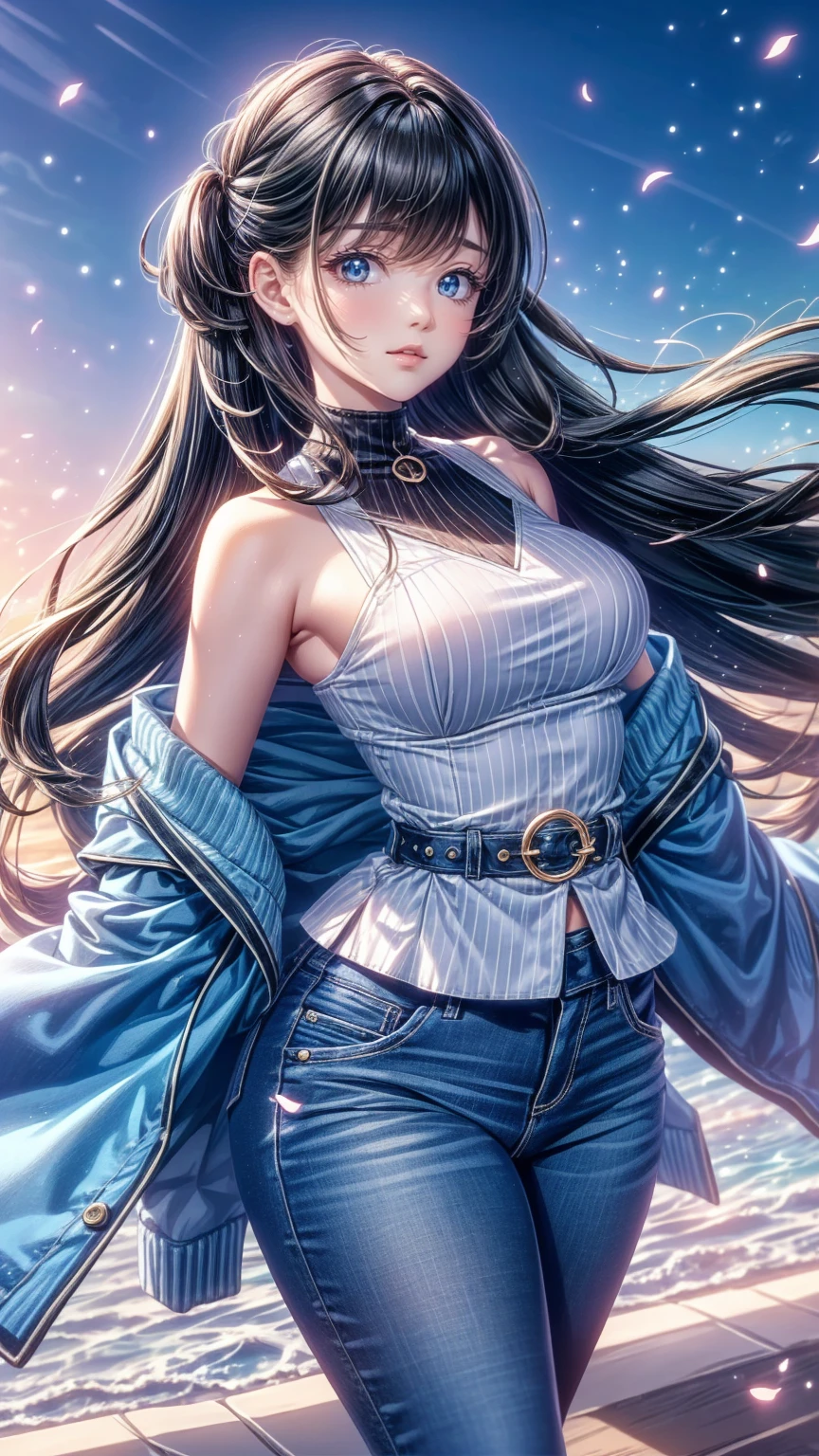 Adult female, Curvy thick body  , DD size breasts  ,   black hair,   hair that reaches the shoulders ,   black hair in a   hair that reaches the shoulders style,   Light Blue Eyes ,    Japanese giant beautiful girl   ,   I'm going to do a very beautiful  ,  Sharp Eyes ,   feminine style clothes, peplum shirt  , jeans,   cardigan ,   feminine,   pose, Machimachi  .