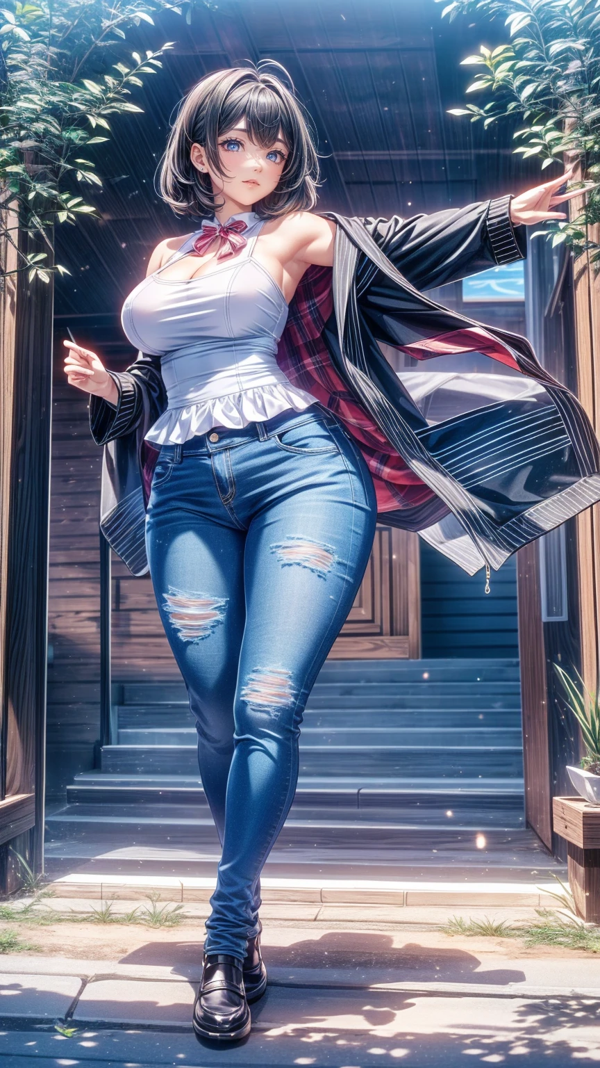 Adult female, Curvy thick body  , DD size breasts  ,   black hair,   hair that reaches the shoulders ,   black hair in a   hair that reaches the shoulders style,   Light Blue Eyes ,    Japanese giant beautiful girl   ,   I'm going to do a very beautiful  ,  Sharp Eyes ,   feminine style clothes, peplum shirt  , jeans,   cardigan ,   feminine,   pose, Machimachi  .