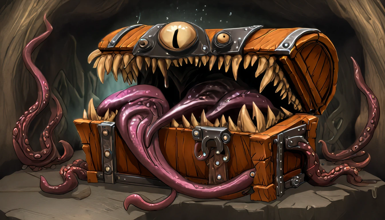 A detailed steampunk-inspired illustration of a creature imitating a ((open iron chest well-formed maw, sharp teeth, long tongue made of wood and leather, in a dark, dank cave, with dripping water and tentacles:1.5)), (best quality, 4k, 8K, high resolution, masterpiece: 1.2), ultra detailed, Sharp focus, (realistic, photorealistic, photo-realistic: 1.37), (masterpiece: 1.3), (best quality: 1.2), ( high quality: 1.1), (photorealistic: 1.37), (extremely detailed: 1.2), (cinematic lighting: 1.2), (dramatic shadows: 1.2), (muted colors: 1.1), ,intense lighting,dramatic lighting,changing lighting,cinematic lighting,chiaroscuro lighting,dramatic shadows,dramatic moments,vivid colors,intense colors,deep contrast,cinematic depth of field,cinematic composition,angle cinematographic camera