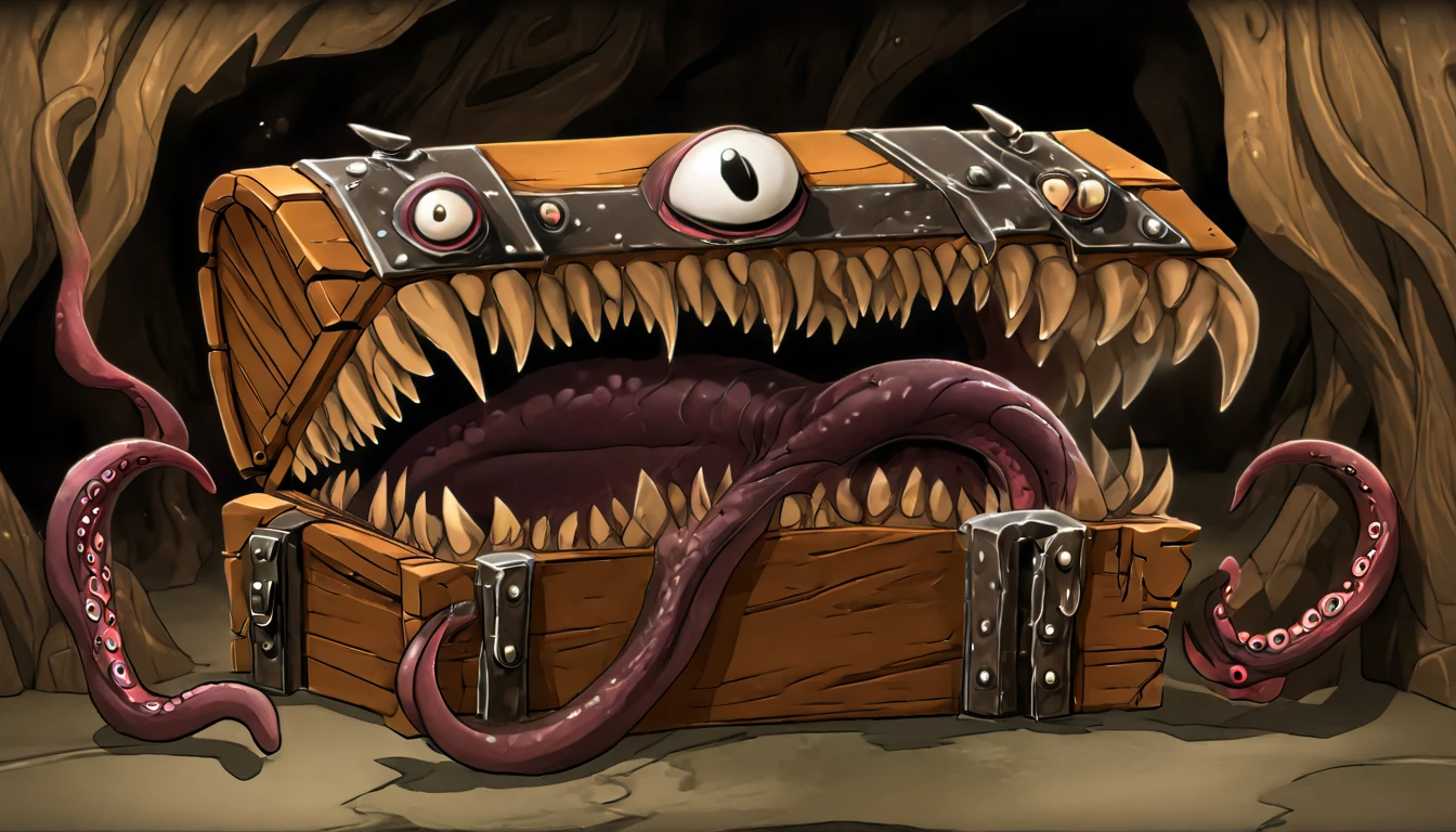 A detailed steampunk-inspired illustration of a creature imitating a ((open iron chest well-formed maw, sharp teeth, long tongue made of wood and leather, in a dark, dank cave, with dripping water and tentacles:1.5)), (best quality, 4k, 8K, high resolution, masterpiece: 1.2), ultra detailed, Sharp focus, (realistic, photorealistic, photo-realistic: 1.37), (masterpiece: 1.3), (best quality: 1.2), ( high quality: 1.1), (photorealistic: 1.37), (extremely detailed: 1.2), (cinematic lighting: 1.2), (dramatic shadows: 1.2), (muted colors: 1.1), ,intense lighting,dramatic lighting,changing lighting,cinematic lighting,chiaroscuro lighting,dramatic shadows,dramatic moments,vivid colors,intense colors,deep contrast,cinematic depth of field,cinematic composition,angle cinematographic camera