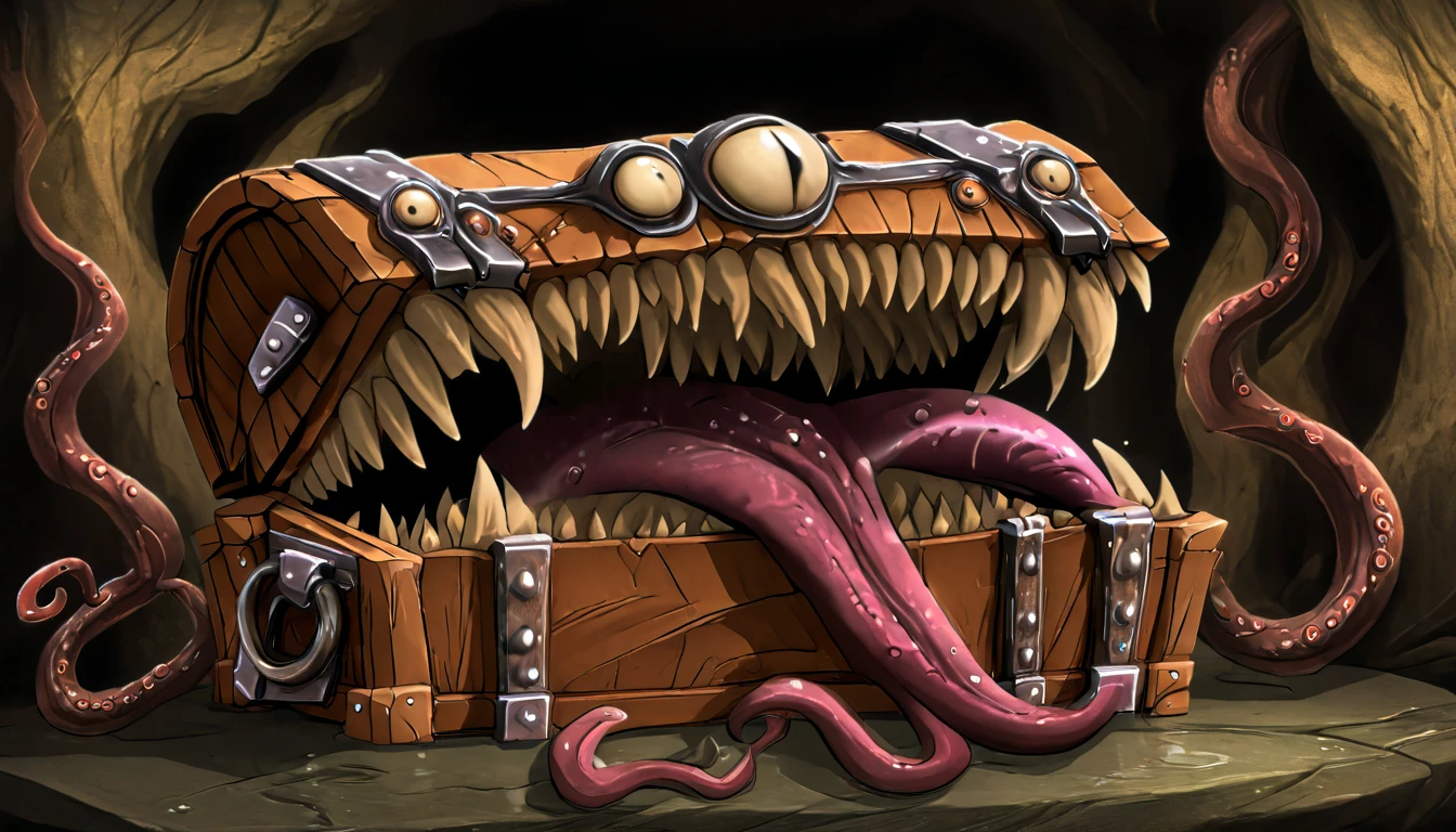 A detailed steampunk-inspired illustration of a creature imitating a ((open iron chest well-formed maw, sharp teeth, long tongue made of wood and leather, in a dark, dank cave, with dripping water and tentacles:1.5)), (best quality, 4k, 8K, high resolution, masterpiece: 1.2), ultra detailed, Sharp focus, (realistic, photorealistic, photo-realistic: 1.37), (masterpiece: 1.3), (best quality: 1.2), ( high quality: 1.1), (photorealistic: 1.37), (extremely detailed: 1.2), (cinematic lighting: 1.2), (dramatic shadows: 1.2), (muted colors: 1.1), ,intense lighting,dramatic lighting,changing lighting,cinematic lighting,chiaroscuro lighting,dramatic shadows,dramatic moments,vivid colors,intense colors,deep contrast,cinematic depth of field,cinematic composition,angle cinematographic camera