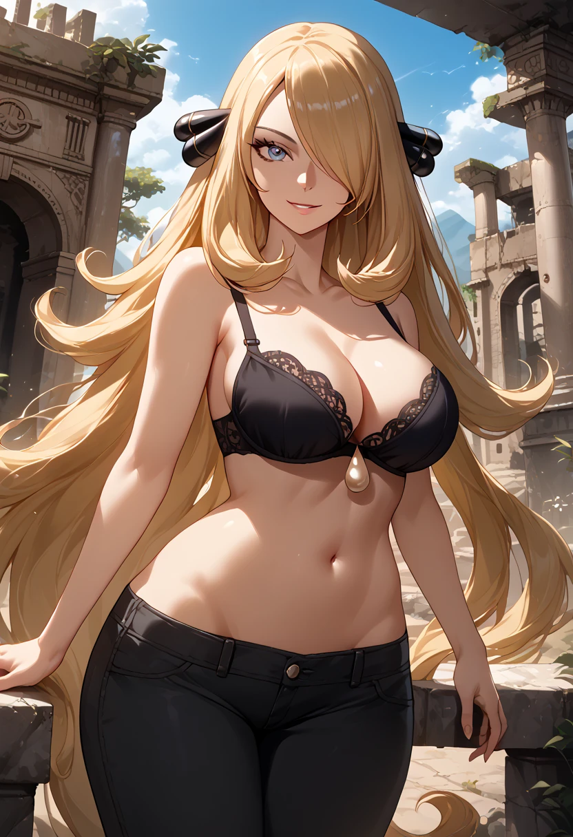 Perfect CG unity 8K UHD wallpaper, Perfect CG unity 8K UHD wallpaper, absurdres, best quality, 1girl, solo, looking at viewer, blue eyes, bright eyes, floating hair, defCynthia, blond hair, very long hair, hair over one eye, one eye covered, hair ornament, smile, cleavage, topless black bra, black pants, outdoors, ((ancient ruins)), cowboy shot, large breasts, (exposed navel), (lowleg_pants), groin, wide hips