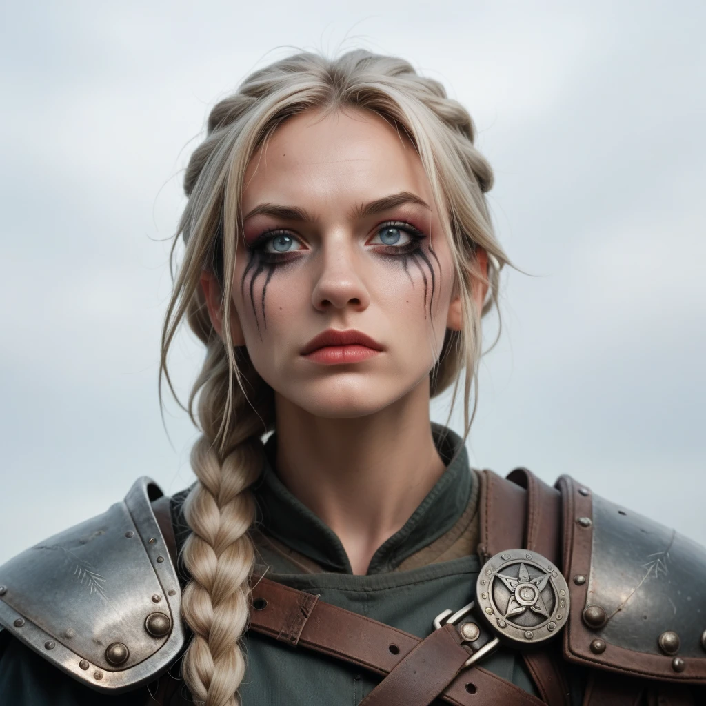 score_9, score_8_up, score_7_up, Raw Photo, a Viking warrior woman with braided hair, war makeup on her face, focus face, looking forward, white background, high contrast, vivid color palette, fantasy style, detailed, chaotic,