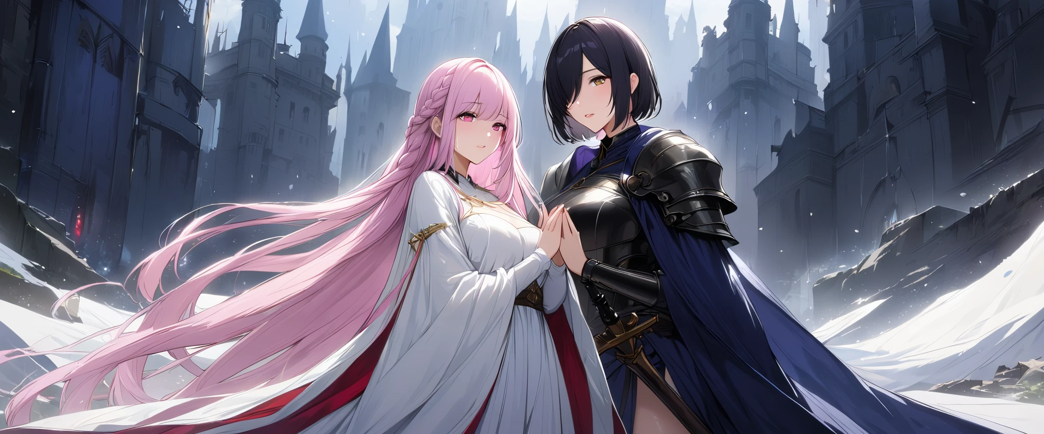 (masterpiece, UHD, 8K, 16K, ultra detailed, best quality:1.2), illustration, yuri, 2girls, (duo focus), Ily(girl on left, white long braided hair, hair over one eye, pink eyes, looking at Rize, praying, using a sister dress, priestess), Rize(girl on right, black short hair, tomboy, Golden eyes. rainy bangs, wearing a skimpy knight armor, holding sword), A fallen kingdom background, fallen flag, dark fantasy, medieval, Priestess and Knight, behind a castle ruin and fallen soldier