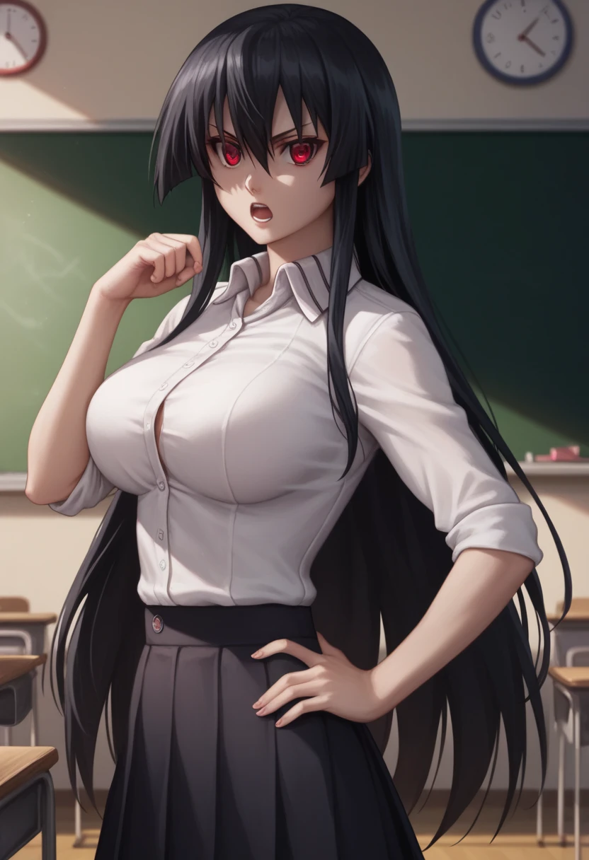 ((best quality)),((highly detailed)),masterpiece,absurdres,detailed face,beautiful face,(detailed eyes, deep eyes),1girl,solo,,akame, long hair, black hair, red eyes, hair between eyes,((dynamic pose)),school uniform, open mouth, bow, large breasts, chalkboard, classroom, cowboy shot, school, indoors, hand on hip, desk, shirt, angry, looking at viewer, dress shirt