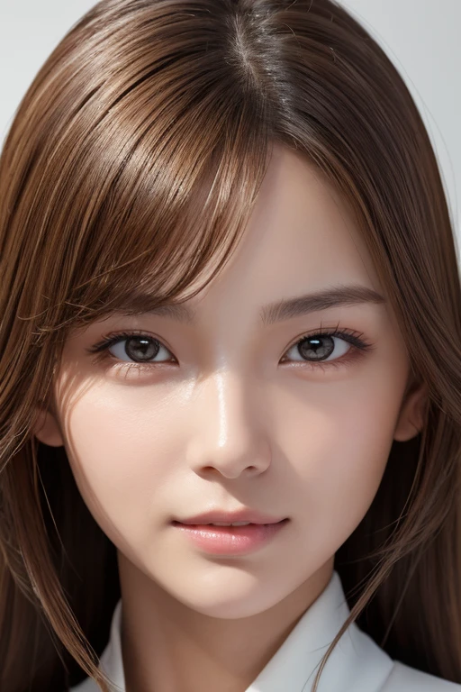 Young japanese lady, 30s, White background, Brown hair, slender, 4K, 8K, High quality, Beauty, Smile, Beautiful eyes, It features a simple, High resolution,1 person