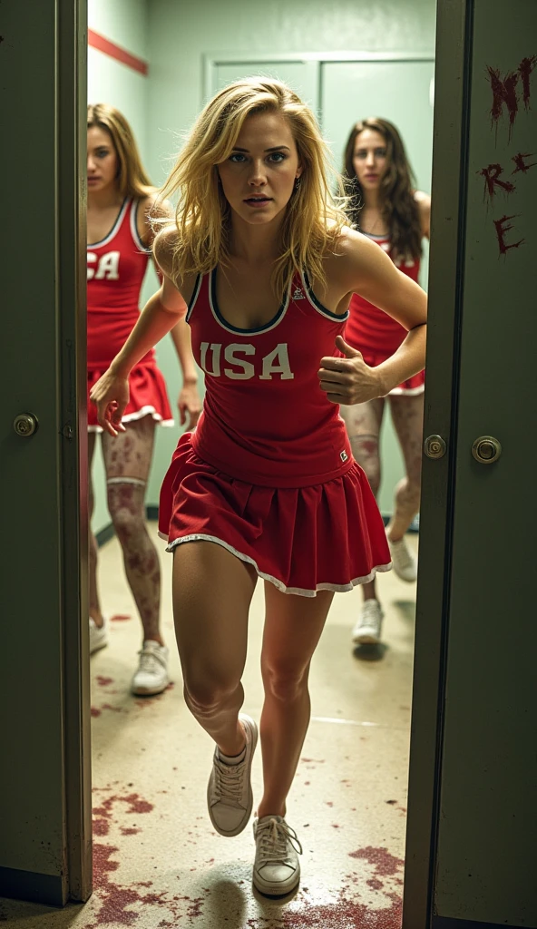  woman in front ， looks like the captain of the US NBA cheerleader ，Faithe Herman。 blonde hair，Wearing a red cheerleader uniform ， white pleated skirt ， She hurriedly stormed into a bathroom dressing room，There were a few zombies at the door of the dressing room 