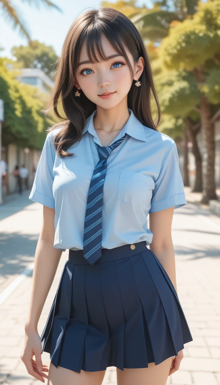 Japan  girl, *******  girl,   perfect figure, transparency,  modest breasts ,   school uniform  ,  navy blue tie ,   Navy Blue Skirt ,  light blue shirt,  gravure idol, Waterfront