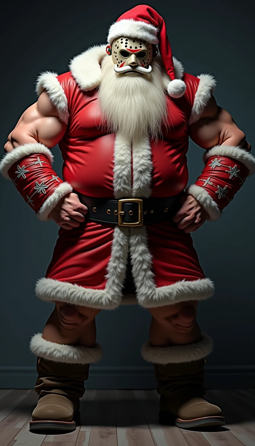(handsome mature man), (50 yo), white man, wearing a pro wrestling singlet(leotard), spandex singlet, (beefy:1.3), leotard, hairy chest, in a wrestling ring, looking at viewer, beautiful man, detailed eyes, symmetric face, smirk, robust, greying hair, mustache, smile, sweaty body, (full body shot:1.7), nice bulge, nicebulge, 