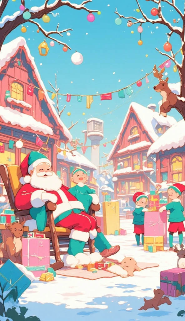 A cute illustration of Santa Claus village. Santa Claus is seen sleeping on his rocking chair while the elves are busy working. The elves are packing presents and playing with the reindeers. The illustration is pastel-colored, giving it a cute and playful expression. The overall color palette is bright and cheerful, with soft pinks, blues, and yellows, creating a fun, lighthearted atmosphere. The entire scene feels charming and magical, as if the village is part of a whimsical, fantasy world.