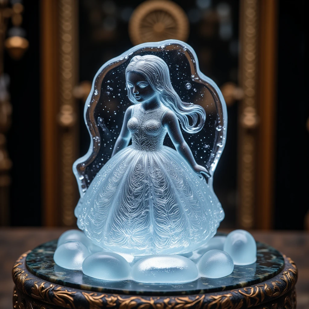  The intricate texture of the patterned dress is worn on the Girl's Ice Sculpture, Made by a Handmade ,  Standing on a marble pedestal with gold patterns , Hand Robot ,  best quality ,  masterpiece fails, 8 k,  Complex details ,  maximum Quality, 