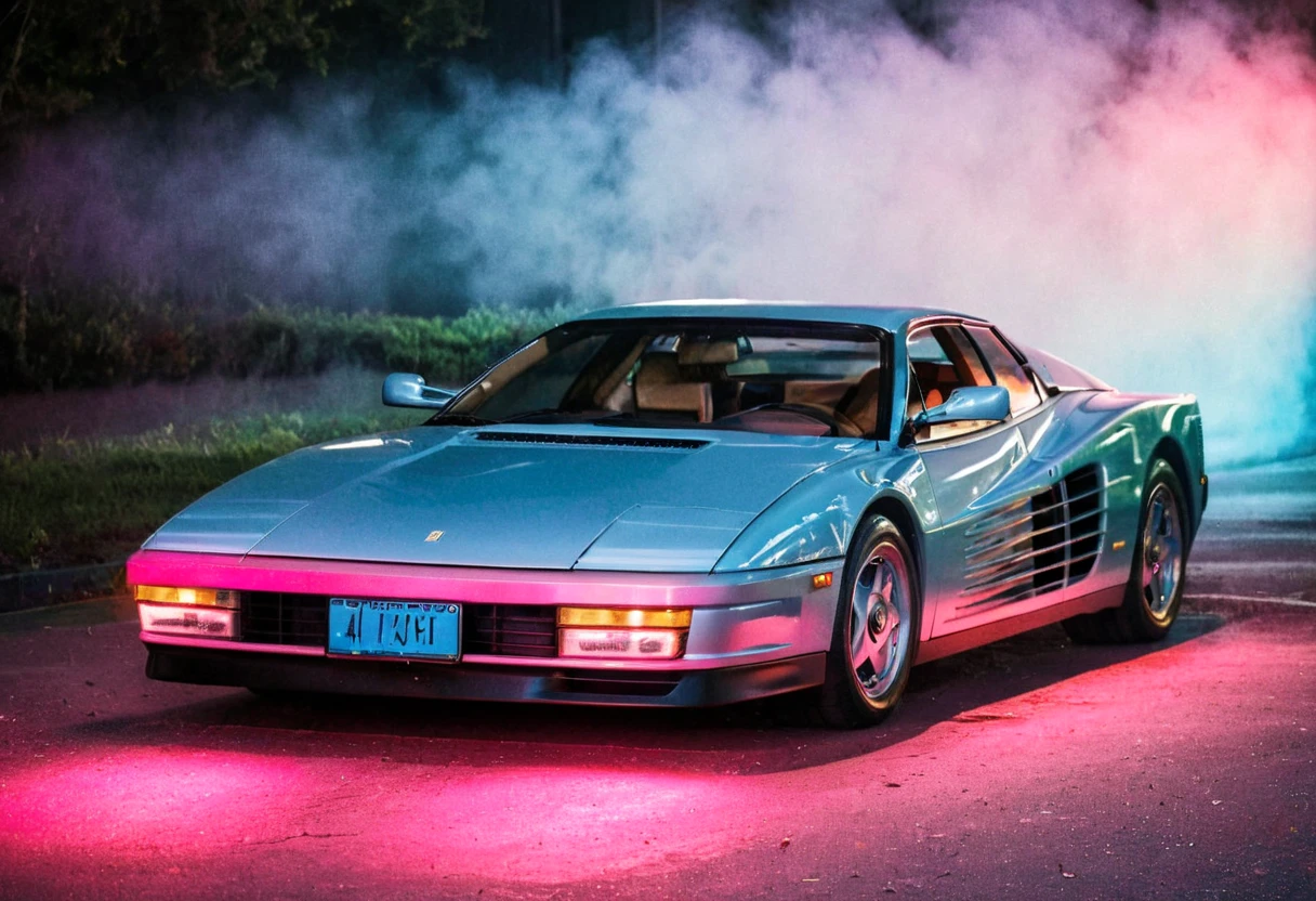 ClassicSportsCar, red '84 Ferrari Testarossa, front side view, (neon light), (pink light), (blue light), sidelight, closeup, steam, fog, backlight, film grain polaroid, legacy media, high contrast, 4K, highly detailed, (stylish grainy analog 35mm film photo)