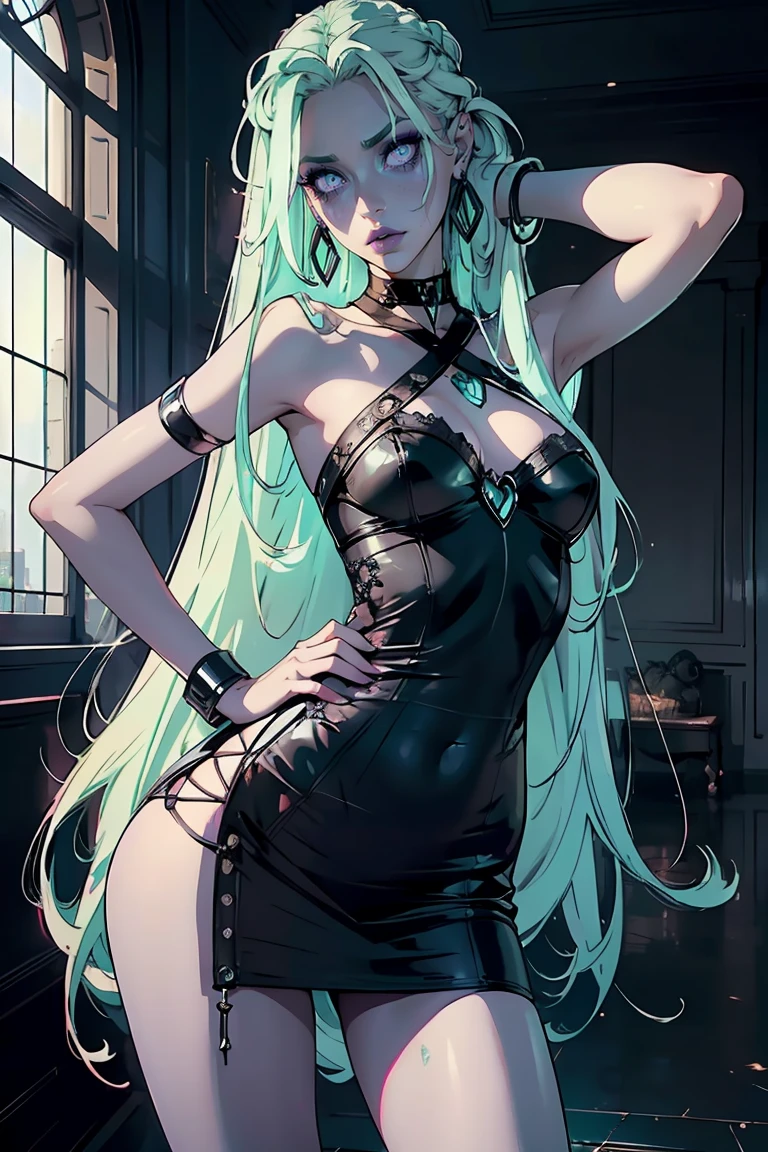 Goddess ((goddess-like woman)), slim, elegant silhouette, masterpiece, best quality, pale skin, fair skin, sweet face, (masterpiece: 1.2, best quality), (real picture, intricate details), (1 lady, solo, medium , small waist, ), ((Jinx/LOL)), beautiful face, kissable lips, very long mint green hair, hair slicked back, (very long mint green hair), mint green hair,Purple eyes, purple glowing eyes, glowing eyes, crazy eyes, she has an impressive presence., bracelet, hoop earring, beautiful face, perfect makeup, Beautiful Eyes, big eyes, she looks at the viewer, Beautiful Eyes, big eyes she looks at the viewer, she Wears a Black Silk Mini Dress, s1lkm1n1, choker, silk dress, black dress,, background: big hall, She stands in front of a large window, big windows, city view.