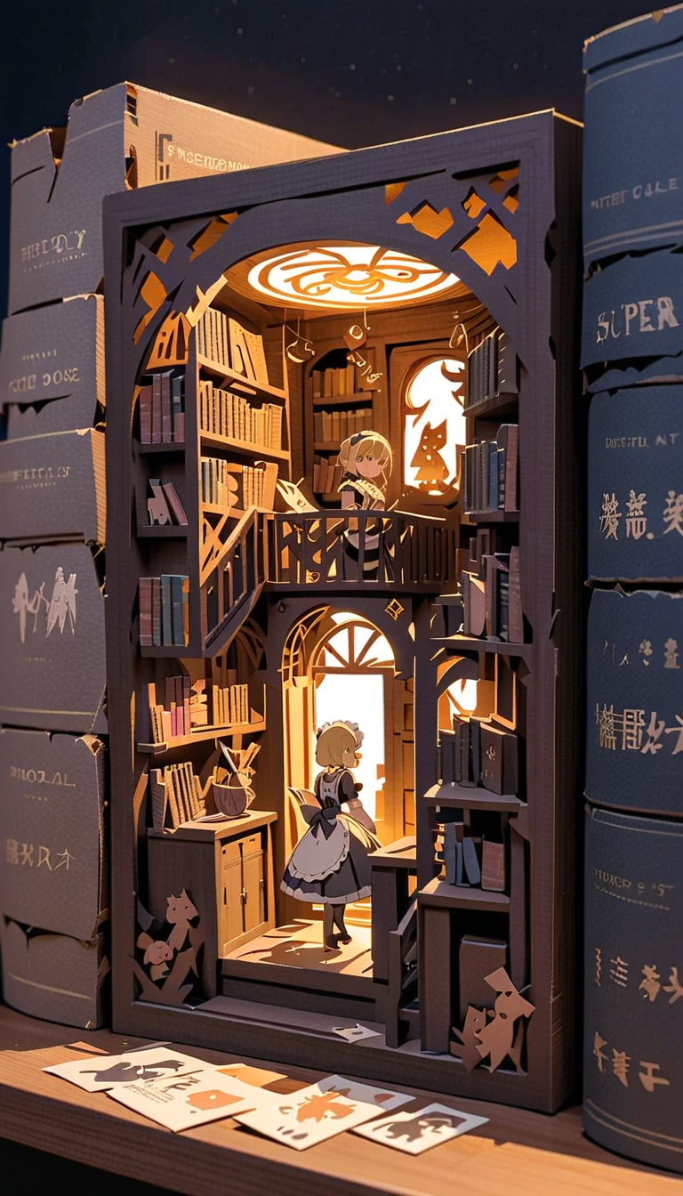 (  masterpiece  :1.2), ( top quality:1.2),  super high resolution,  very detailed,   PERFECT LIGHTING , Android girl jumping out of the box,  golden hair ,  maid outfit ,  supernatural fantasy, cute, pastel colors,  Paper Cut Art , flat paper cutouts , Paper Art,  digital art ,  anime style illustration  , Animated Illustration , white background , Paper cutting, Dark and moody macro photo of a bookshelf