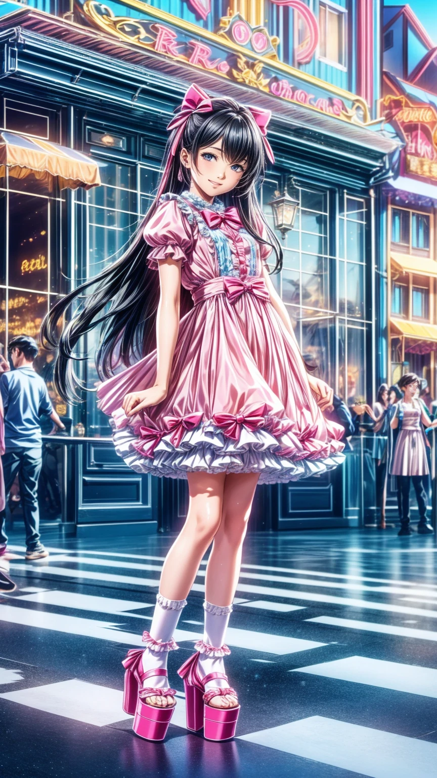   top quality,     masterpiece   ,  realistic , photo realistic , 1people々Girl, 一peopleで, smile,   black hair,   long hair,   standing, whole body, cyb   dress,   dress, pink   dress, layered   dress, frilled   dress, Short sleeve, Bloomers , white Bloomers , ribbon, bowtie, frills, bow,   dress bow,   heart symbol  , hair bow,   hair ornament,   ruffle socks ,   platform heels , amusement park, people々々,   Detailed Background , 