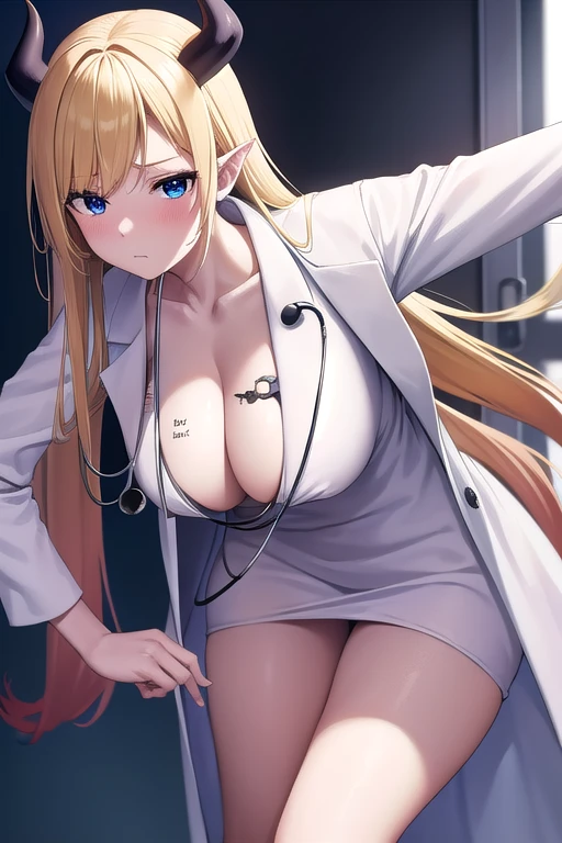 Yuzuki Choco,long hair,blonde hair,hair between eyes,bangs,pointy ears,black wings,wings on back,devil horns,blue eyes,large breasts,black tattoo on breast,
((doctor,stethoscope,white longcoat,cleavage))
1girl,(is embarrassing,big blush,closed mouth,steam:1.0),
((leaning forward,hand on hip:1.2)),
(night hospital background:1.0),clothed