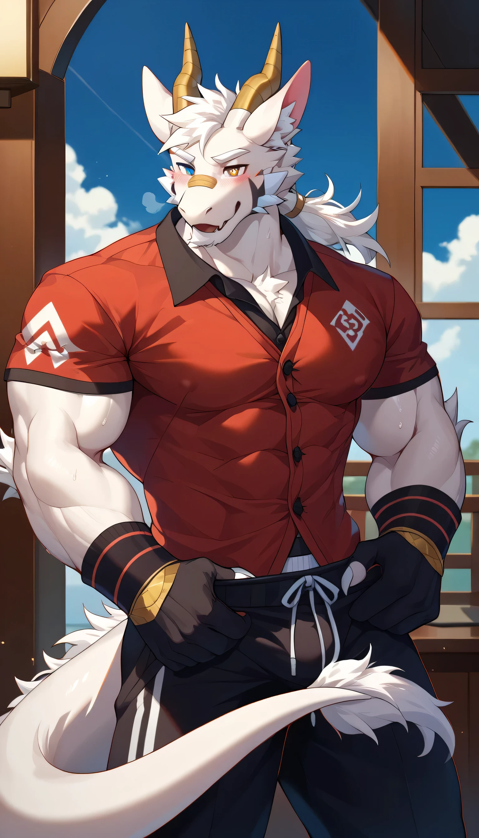 masterpiece,最 high quality,16k, very detailed , exquisite details ,Magic Style,male, Ultra High Resolution ,( Dark circles base makeup ),(Heterochromic pupils:1.5), Blood on the body , School of Magic ,Cold expression, wear black gloves , Handsome,Oriental Dragon, (Oriental Black Dragon ), white fur , black scales , furry, Black and white fur , furry, sweating , meticulous eyes,Big Muscle, Handsome's,( Strong physique :1.3), Handsome, shirt, high quality, Super Detailed , high quality, high quality, are of the best quality, Super Detailed , ( standing in the room),( blue sky and white clouds),(Dragon Horn),(Dragon Tail), Unique ,((Strong)), breathe from behind perfect proportions {x} , blush,( wear gang costume :1.5),(Dragon Claw:1.3),(Blush a little and breathe.:1.2),More details,CG,