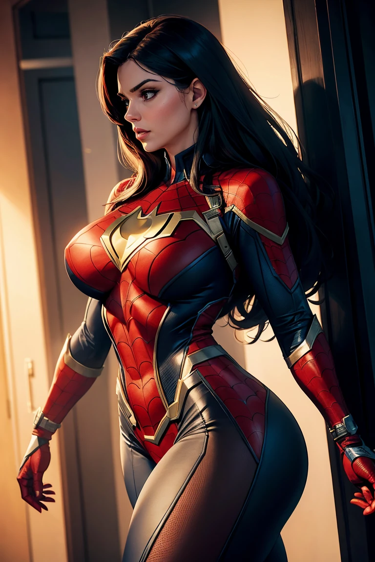 masterpiece, maximum quality, ultra high resolution, 8k, Elizabeth Olsen (Wanda Maximoff), full body, thin, detailed face, identical face, detailed eyes, mischievous smile, wide hips, thick thighs, smooth and soft pelle, wearing micro uniform, with legs open on the bed