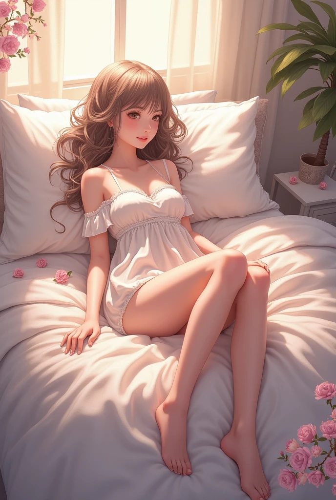 Sleeping girl, 19 years old, realistic, she is wearing a small dress, she is wearing a transparent dress, brown hair. Panty