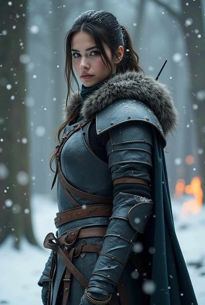 RAW photo, a photo of a beautiful huntress girl, (sexy broken shoulder armor:1.2), fluffy wolf hoodie, intricate details, hyperrealism, dark shot, hdr