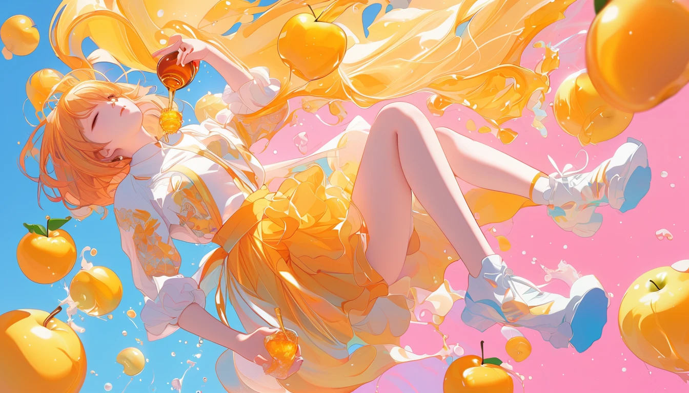 ( top quality:1.3,  Anime Style,  very detailed, Latest,  High Contrast ,  masterpiece  :1.2,  top quality,  best aesthetics),  girl, (((Looks like it's floating in the air 、Sideways, whole body:1.4))), ((Holding a honey drink in hand,  images of honey and apples ,  splashes)), ((HEALTHY IMAGES )), Sizzle,  colorful hair,  bob cut ,  pastel colors, ((modern, Classic ,  simple background))