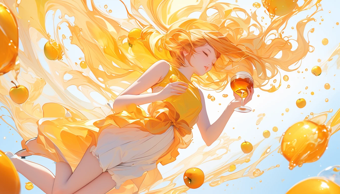 ( top quality:1.3,  Anime Style,  very detailed, Latest,  High Contrast ,  masterpiece  :1.2,  top quality,  best aesthetics),  girl, (((Looks like it's floating in the air 、Sideways, whole body:1.4))), ((Holding a honey drink in hand,  images of honey and apples ,  splashes)), ((HEALTHY IMAGES )), Sizzle,  colorful hair,  bob cut ,  pastel colors, ((modern, Classic ,  simple background))