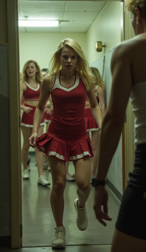  woman in front ， looks like the captain of the US NBA cheerleader ，Faithe Herman。 blonde hair，Wearing a red cheerleader uniform ， white pleated skirt ， She hurriedly stormed into a bathroom dressing room，She burst into the dressing room ，There were a few zombies at the door of the dressing room ，This photo was taken from the side