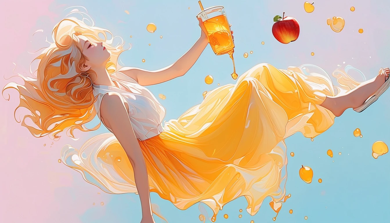 ( top quality:1.3,  Anime Style,  very detailed, Latest,  High Contrast ,  masterpiece  :1.2,  top quality,  best aesthetics),  girl, (((Looks like it's floating in the air 、Sideways, whole body:1.4))), ((Holding a honey drink in hand,  images of honey and apples ,  splashes)), ((HEALTHY IMAGES )), Sizzle,  colorful hair,  bob cut ,  pastel colors, ((modern, Classic ,  simple background))