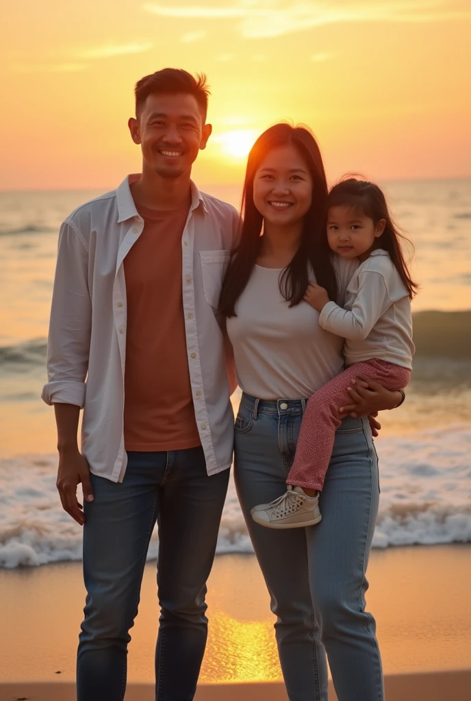 Portrait of China, 40 years old daddy, 40-year-old mom, 5-year-old, Smile in the sun,beach, Blue sky, Real images, Extremely detailed,