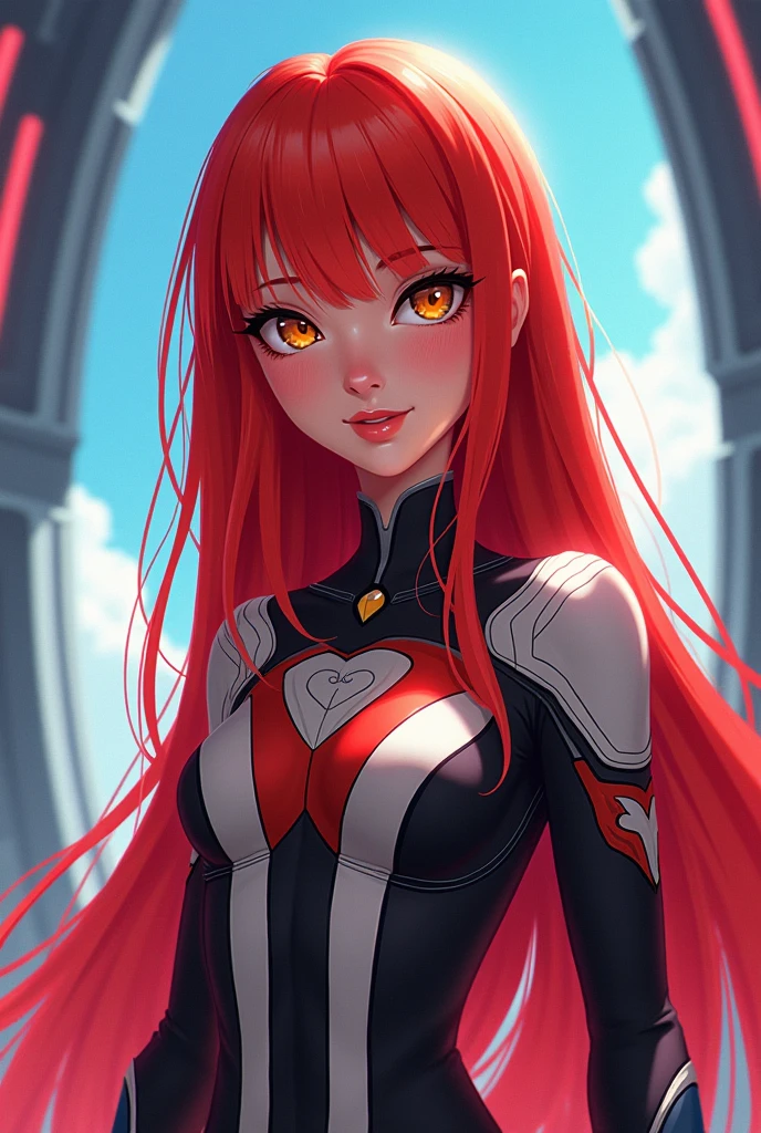 incredibly absurdres, best quality, 8k wallpaper, sharp focus, fine edges, depth of field, downblouse, legs apart, looking at viewer, (mature female character, 1girl, small breasts, cleavage, red hair, hair tubes, (long hair and streaked hair:1.3)), retro eyes, (happy:1.2), wearing body suit with earclip and headphones around neck, indoors, finely detailed background, amazing background