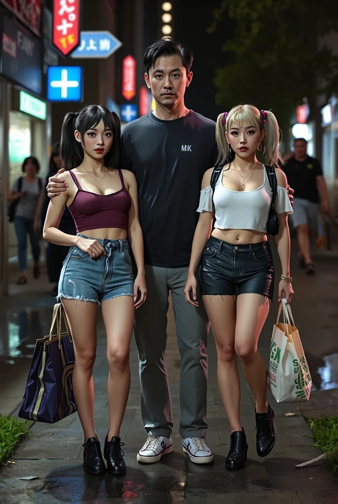 nsfw, low ambient light, flash, super detailed, photorealistic, 2girl, (beautiful girl, street prostitute, illegal), full body, korean girl,
(high resolution, masterpiece, highest quality:1.4), realistic, photo, amazing detail, 8k, high resolution, amazing many layers,
2girl, beautiful girls, Toyoko s, begging girls, poor girls, runaway girls, menhera girls, colorful, a homeless middle-aged man stands between two girls, there is a height difference between the two, one is a bit chubby, one has a lot of freckles, the two have different hairstyles, one has super big boobs, one has a super mini skirt, one is wet,
the girls wear simple casual wear of their own choice,
the girls wear gothic lolita clothes,
the girls have different hairstyles,
The girls are dirty,
The girls' clothes are ragged,
The girls' clothes are dirty,
The girls' clothes are damaged,
The girls are wearing cheap hair accessories, cheap necklaces, cheap bracelets, cheap anklets,
The girls are carrying dirty carrier bags,
The girls are carrying shopping bags full of plastic bottles and snacks,
They are carrying smartphones, freckles,
One of them has urine stains on her bottoms,
Two of them are fighting over a homeless man,
One of them is peeing,
One has her clothes pulled up to expose her breasts,
Downtown at night, a park at night,
Garbage scattered on the street,