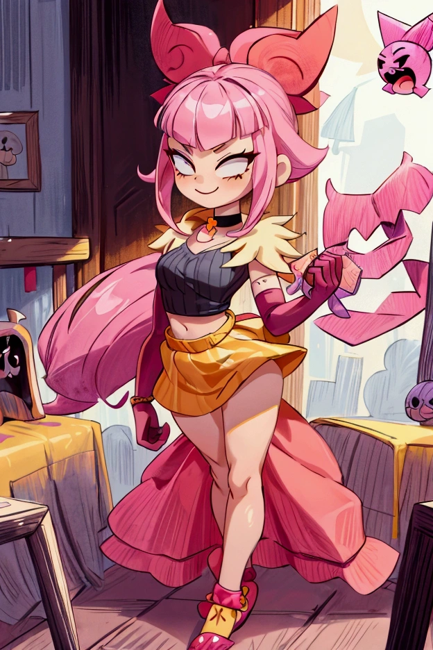 "Masterpiece, best quality, 1 girl melodie brawl stars, pink hair, big bow, elbow gloves, black crop top, fur stole, choker, standing indoors with intricate details and sunlight. black orange and yellow frilled long dress striped with short neckline, Sweet smile, sexy pose, coquette, beautiful legs, mature body, gorgeous, pronounced breasts