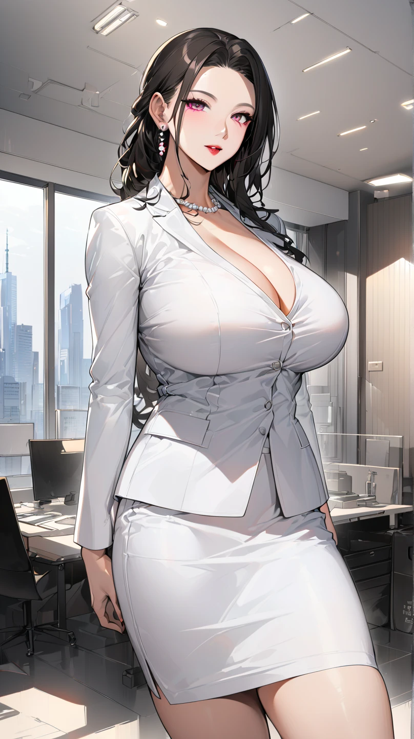 "Curvaceous Japanese office lady, 3, height 163cm, business chic with hidden curves (92-63-93 cm), ample E-cup breasts concealed under blouse, slender 63cm waist, full 93cm hips, shapely legs, clear fair skin (RGB: 255, 233, 209), oval face with soft features, almond-shaped eyes (dark brown, RGB: 54, 38, 22) with double eyelids, straight nose, full lips with natural pink color (RGB: 222, 165, 1) in a professional smile, long black hair styled in an elegant French twist updo, subtle makeup suitable for office with focus on eyes and neutral lip color, wearing a crisp white blouse with top buttons open hinting at cleavage, form-fitting dark gray pencil skirt accentuating hips and ending just above knees, black 3-inch heel pumps, delicate pearl necklace and earrings, standing confidently with one hand on hip in a modern office setting with floor-to-ceiling windows, Tokyo skyline view in background, soft natural lighting mixed with office fluorescents, corporate portrait style with a touch of glamour, shot with Sony A1 mirrorless camera, 85mm F/1.4 GM lens, ISO 200, 1/160 sec, 50MP resolution, focus on professional appearance with subtle emphasis on curves --ar 2:3 --q 2 --s 850 --v 6.0 --style raw"
Reveal the bra，Lipstick
The girl on the cover，Cover design， Magazine Cover 