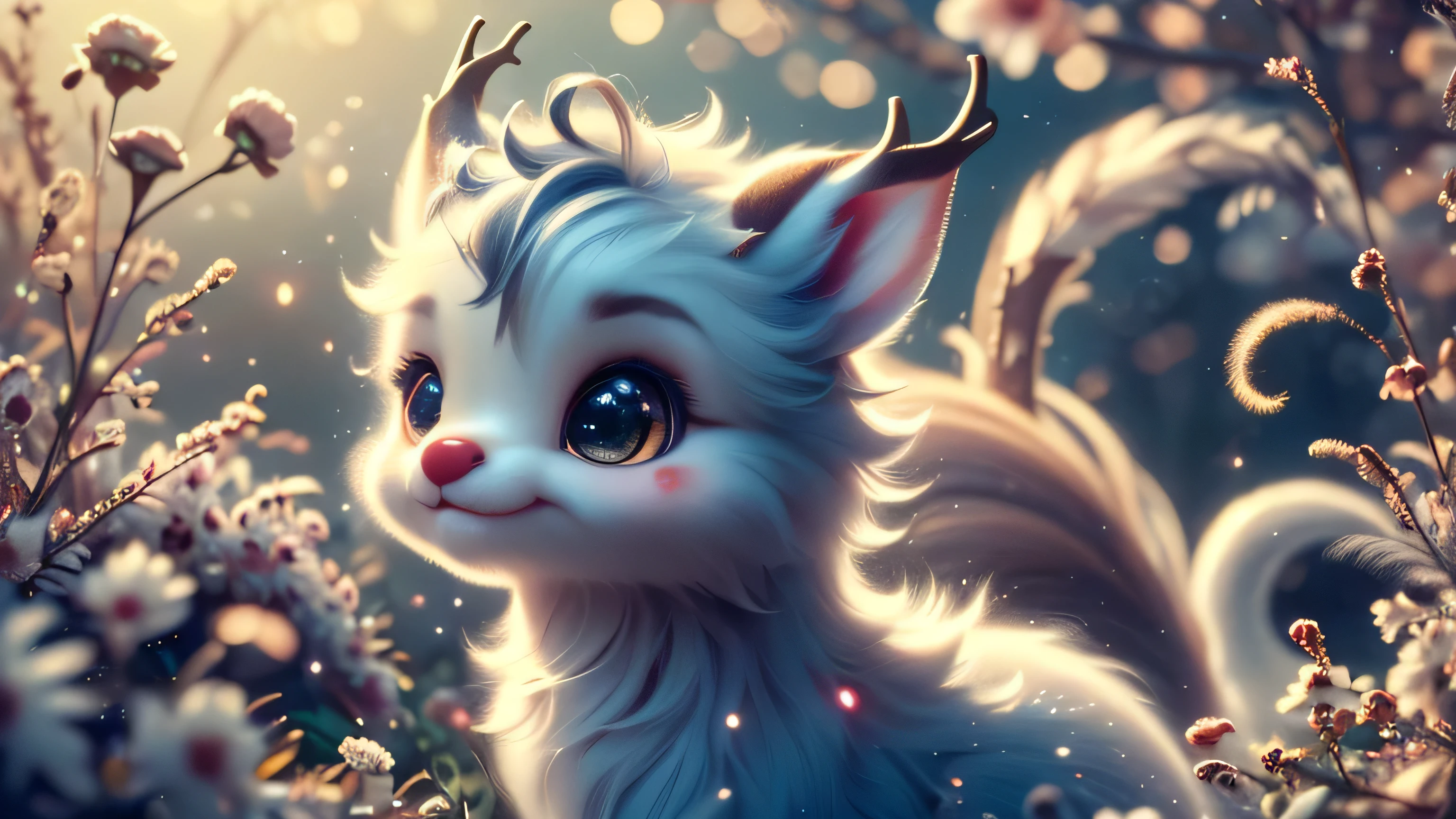 Magical Fantasy Creature, (Best Quality, Masterpiece, Representative Work, Official Art, Professional, Super Detailed, 8k:1.3), (Photorealism:1.2) Super Cute, Big Eyes, Soft, Soft Nose, Fluffy, Double-Toothed Smile, Aurorastyle, Highly detailed Dynamic shot of majestic adorable baby reindeer, high quality, beautiful masterpiece, fantasy creature, kawaii, digital art, glowing sparkles, Realistic, Beautiful, Stars in Eyes, Soft Volumetric Light, (Backlight:1.3), (Cinematic:1.2), Intricate Details, (ArtStation:1.3), --auto --s2