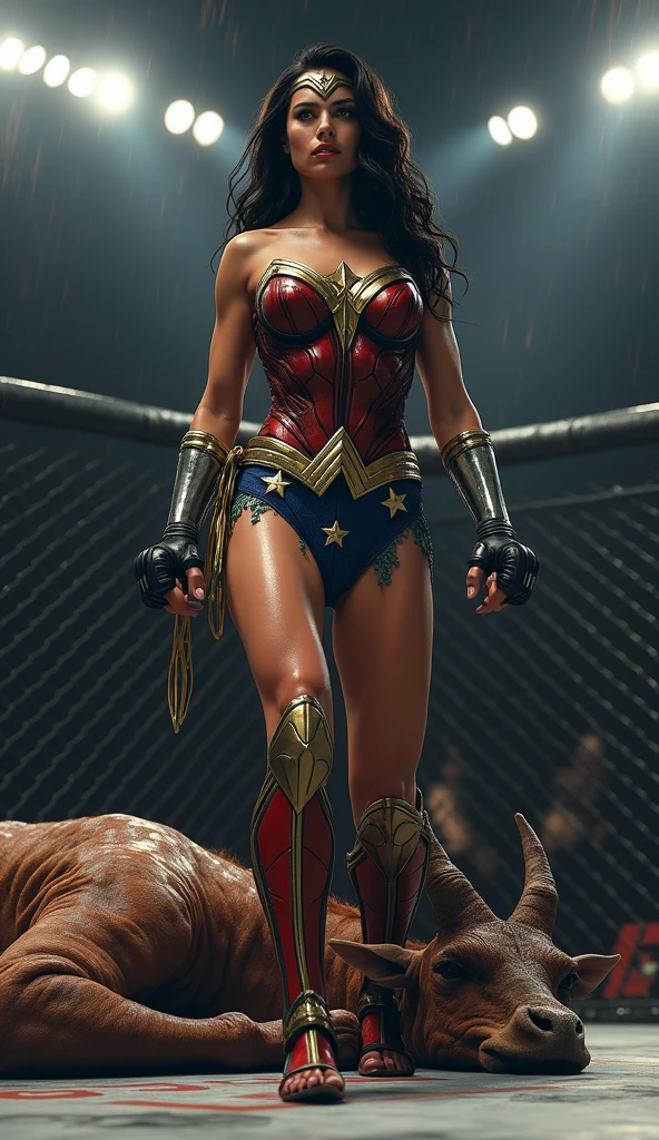 (sweaty)(muscular)A very sweaty Wonder Woman is vomiting in the ring, she spits out lot of visible liquid repeatedly. Lot and Lot of liquid continously dropping from her mouth to the floor. There is lot of sweat on her muscular body. She's coughing and breathing hard.