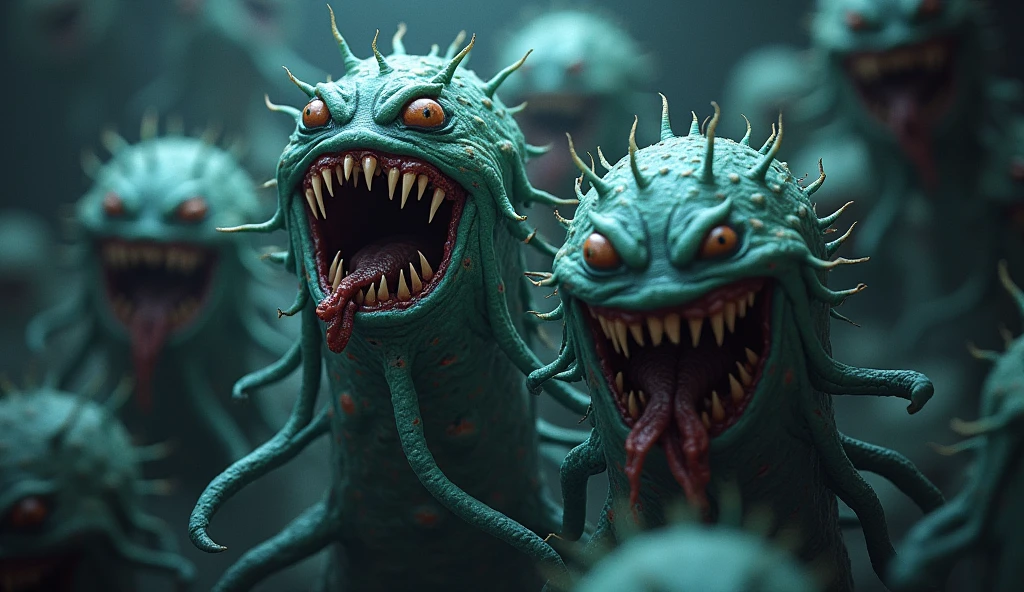 Image of several bacteria with evil faces