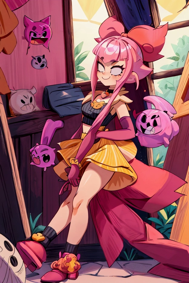 "Masterpiece, best quality, 1 girl melodie brawl stars, pink hair, big bow, elbow gloves, black crop top, fur stole, choker, standing indoors with intricate details and sunlight. black orange and yellow frilled long dress striped with short neckline, Sweet smile, sexy pose, coquette, beautiful legs, mature body, gorgeous, pronounced breasts