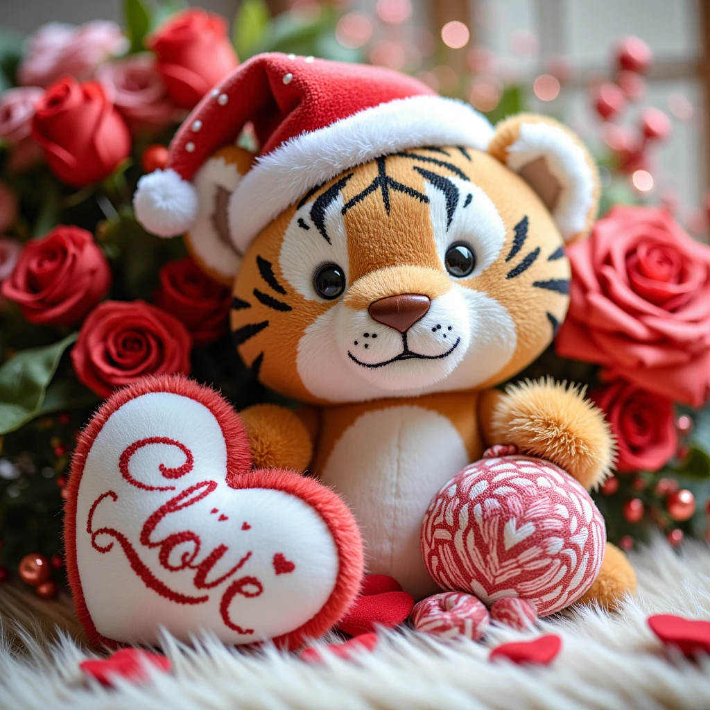  New Year's soft toy ,  Cute Fluffy Teddy Tiger in a Christmas hat, There is a large ,  next to it, a beautiful bouquet of flowers ,  The pillows are Beautiful in the shape of a heart with the inscription "Love", bright colors,  best quality ,  Complex details ,  masterpiece fails, 8 k,  lying on the crib, as detailed as possible ,