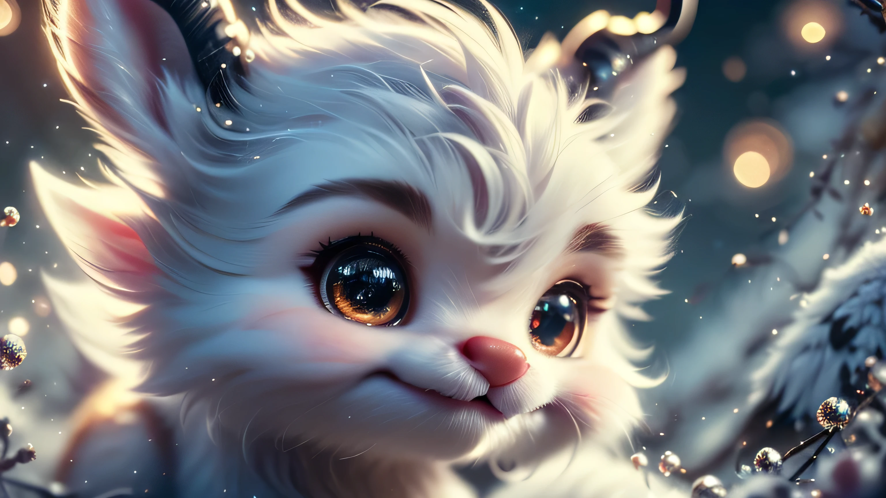 Magical Fantasy Creature, (Best Quality, Masterpiece, Representative Work, Official Art, Professional, Super Detailed, 8k:1.3), (Photorealism:1.2) Super Cute, Big Eyes, Soft, Soft Nose, Fluffy, Double-Toothed Smile, Aurorastyle, Highly detailed Dynamic shot of majestic adorable baby reindeer, high quality, beautiful masterpiece, fantasy creature, kawaii, digital art, glowing sparkles, Realistic, Beautiful, Stars in Eyes, Soft Volumetric Light, (Backlight:1.3), (Cinematic:1.2), Intricate Details, (ArtStation:1.3), --auto --s2