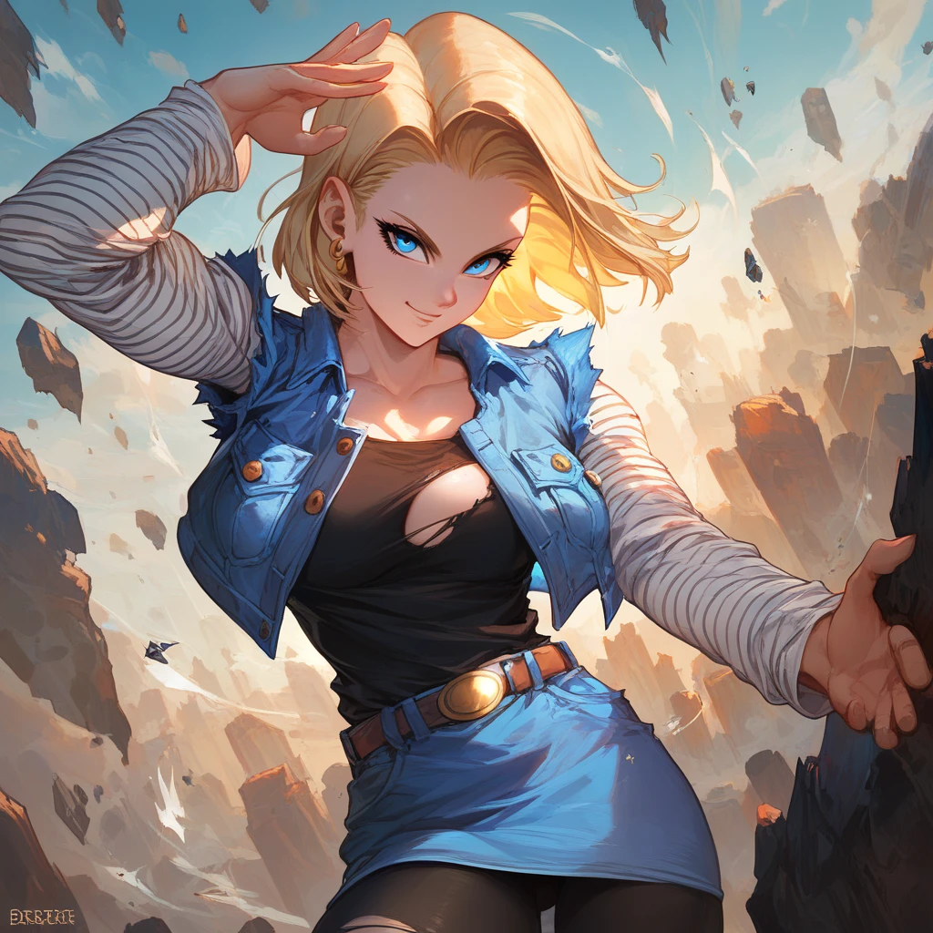 score_9, score_8_up, score_8, medium breasts, (curvy), cute, eyelashes,    zzAndroid18, blue eyes, blonde hair, short hair, jacket, denim, denim jacket, jewelry, earrings, long sleeves, shirt, skirt, belt, stripes,  smile, looking at viewer,   serious expression, dramatic sunset casting shadows, standing on a cliff overlooking a devastated battlefield, her iconic outfit slightly torn, glowing with suppressed energy, a moment of reflection before the next fight,  ,,, embedding:zPDXL, Expressiveh, 