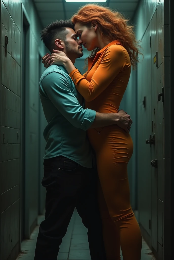 A beautiful white woman with red hair and orange hair wearing a black leather outfit, man in white in black underwear, on the floor there is a dress and a suit, the man looks in surprise but says ohh