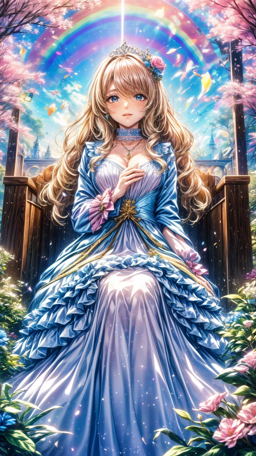 (8k,  top quality,  masterpiece  : 1.2),  ultra high definition ,,  Marie Antoinette ,  super detailed face ,fine grain,  entrance to the castle's basement slightly ,( blonde alone), long hair, Wavy hair in front of the station , break,Rococo Ruffle Dress,Long sleeve dress,  dress for lying on a wooden boat has a long skirt , Baroque Dress ,  intricate fantasy dress  , Luxurious and glamorous dress ,  romantic dress, Frilled outfit ,lottery, Data Style, Formal Wear, Fancy Fashion, palate colors include  pink and white,( pink:1.5),Class A Smile,Gold Tiara,  Necklaces  , sit in a luxurious chair,  You Need to Touch Your Hands  ,(  rainbow light  :1.4),,  the side face of a person looking out of the window  , Rosebush is reflected in the window  ,(Inside Victoria Palace)、Her eyes are shining、今彼女の blonde aloneの髪は腰まで伸びている、Rose-colored gradation and three, 薄い pinkのロック. 彼女は花柄の装飾が施されたGold Tiaraを着用し、 Matching earrings  , white flower choker. 彼女は金色のボタンで縁取られたフリル付きの白いストライプの pinkのトップを着ている,  The white sleeves are in the shape of a bud  ..  with a magenta ribbon flowing out of her chest  ..、 tied at the back of her neck 、Matching chest piece, Decorated with flowers.  her frilly skirt is separated by a white line ,  Fastened with a large magenta ribbon 、Decorated with gold,  There is a small ribbon on the back  . Her mini skirt、薄い pinkのマゼンタの貝殻状の裏地と白い花のペチコートでできている. 彼女は pinkの花がついた白い手袋も着用している, 白と薄い pinkの靴には、ゆるいカフとDecorated with flowersたマゼンタのリボンがある.
