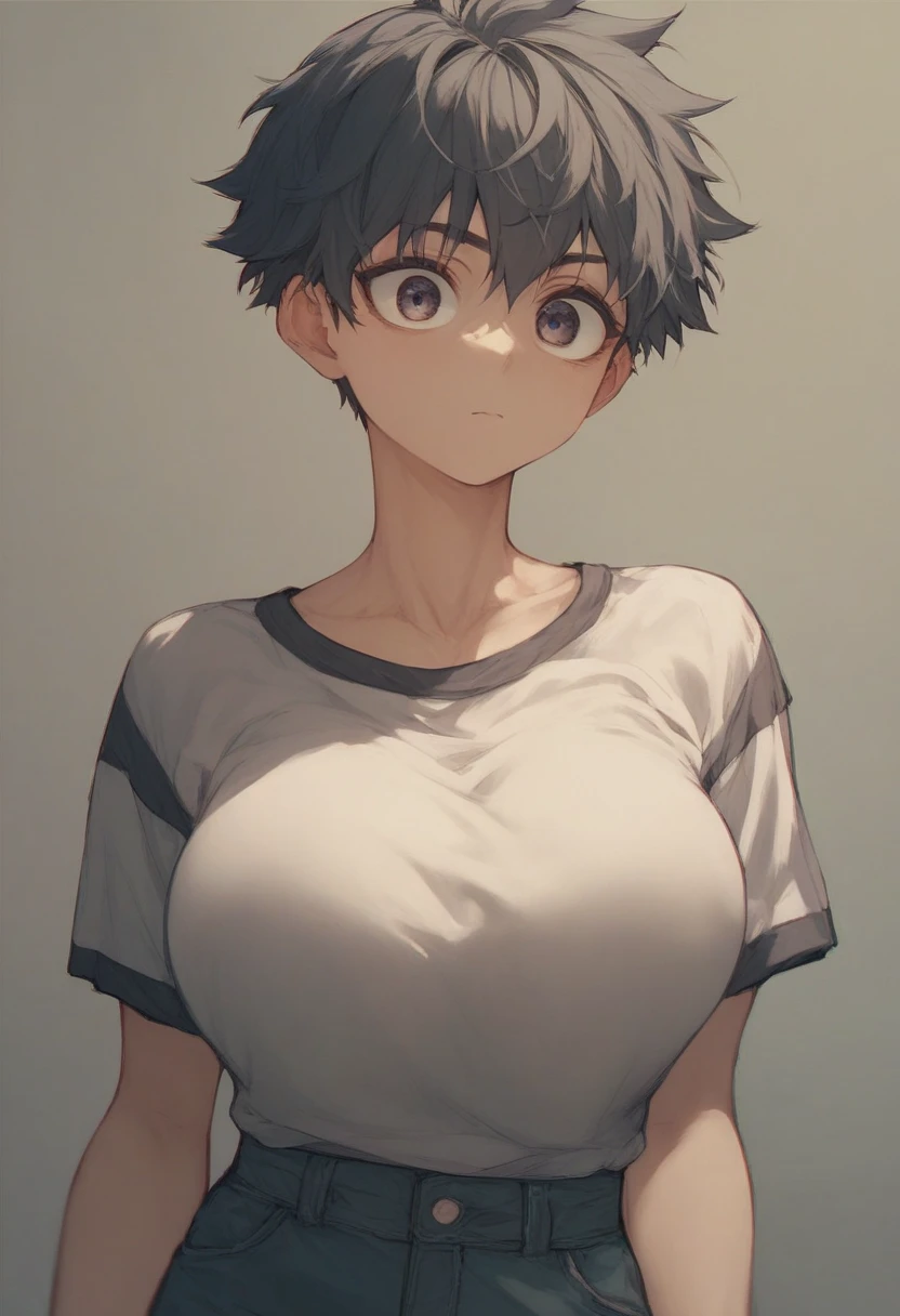 1girl, short haired 、 tomboy、Big Breasts、 big eyes、 boyish、Shorter clothing、