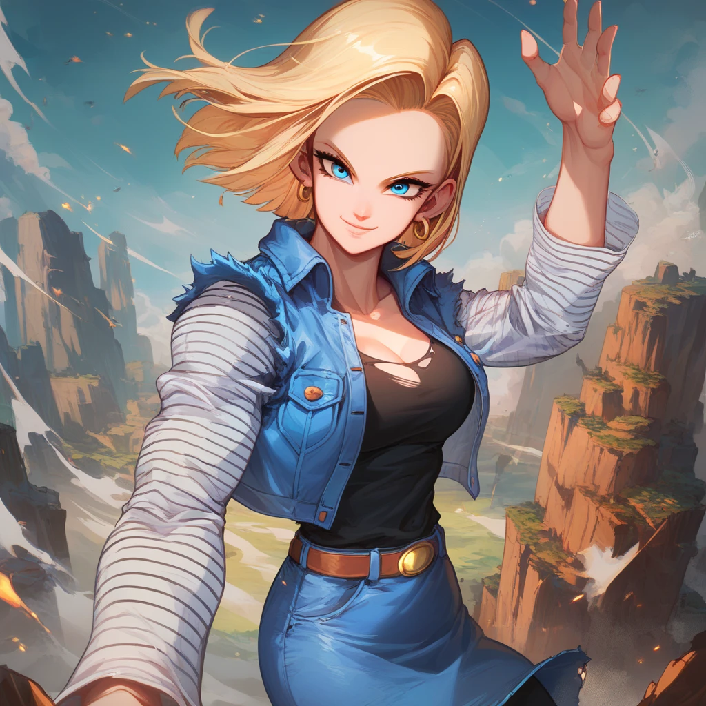 score_9, score_8_up, score_8, medium breasts, (curvy), cute, eyelashes,    zzAndroid18, blue eyes, blonde hair, short hair, jacket, denim, denim jacket, jewelry, earrings, long sleeves, shirt, skirt, belt, stripes,  smile, looking at viewer,   serious expression, dramatic sunset casting shadows, standing on a cliff overlooking a devastated battlefield, her iconic outfit slightly torn, glowing with suppressed energy, a moment of reflection before the next fight,  ,,, embedding:zPDXL, Expressiveh, 